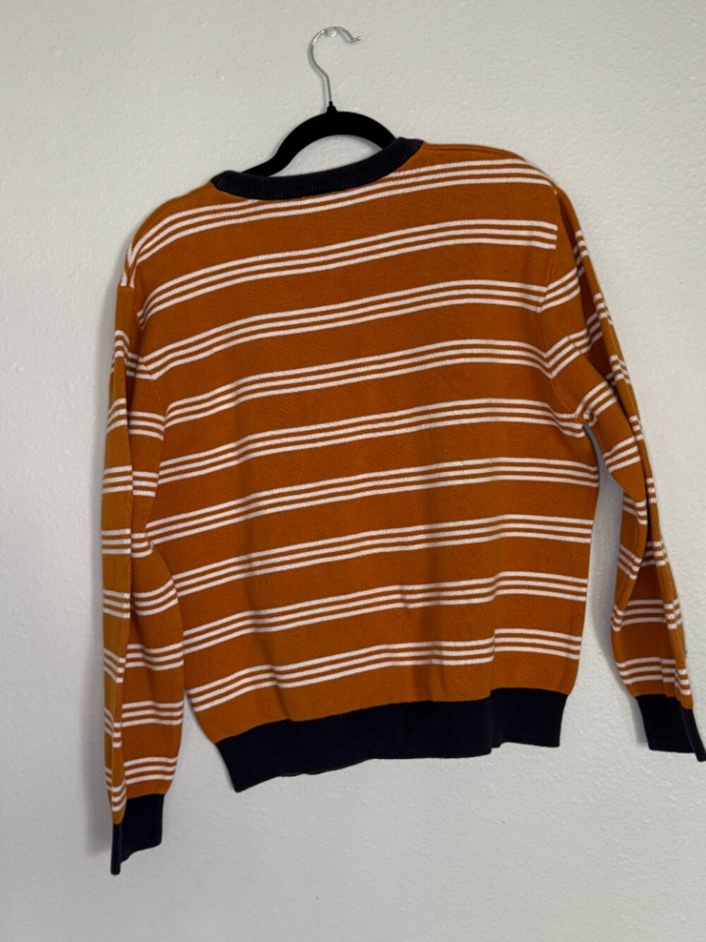 Weekday Johan Striped Sweater Large L Orange Navy White Knit Crewneck Pullover - Picture 2 of 7